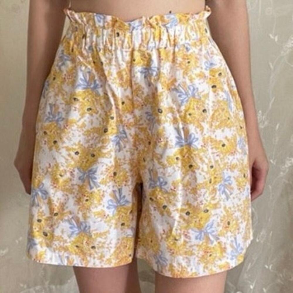 Paul & Joe Uniqlo France Paperbag Waist Blue Shorts flower bouquets Sz 11-12